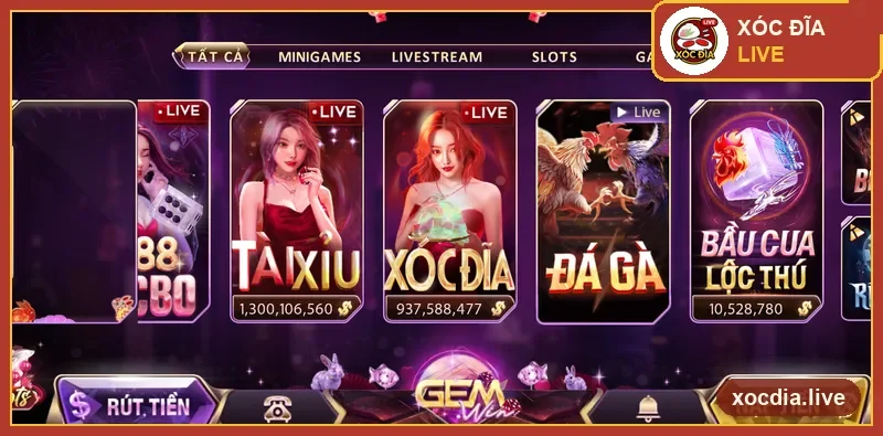 Sảnh game Gemwin với mục Xóc Đĩa — ảnh chụp thực tế