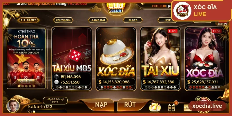Sảnh game Hitclub với mục Xóc Đĩa — ảnh chụp thực tế
